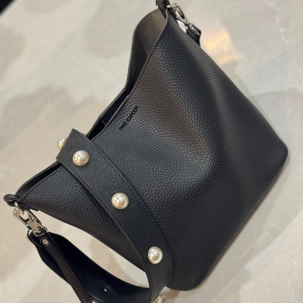 Find Kapoor Black leather bag with detachable crossbody strap with pearls